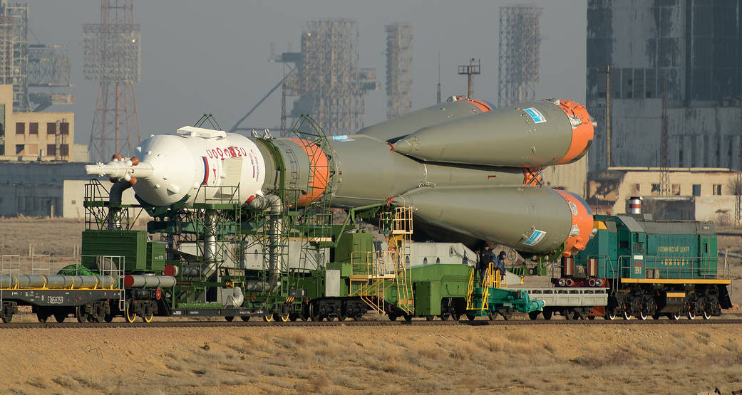 Soyuz rocket is transported by train to the launch pad