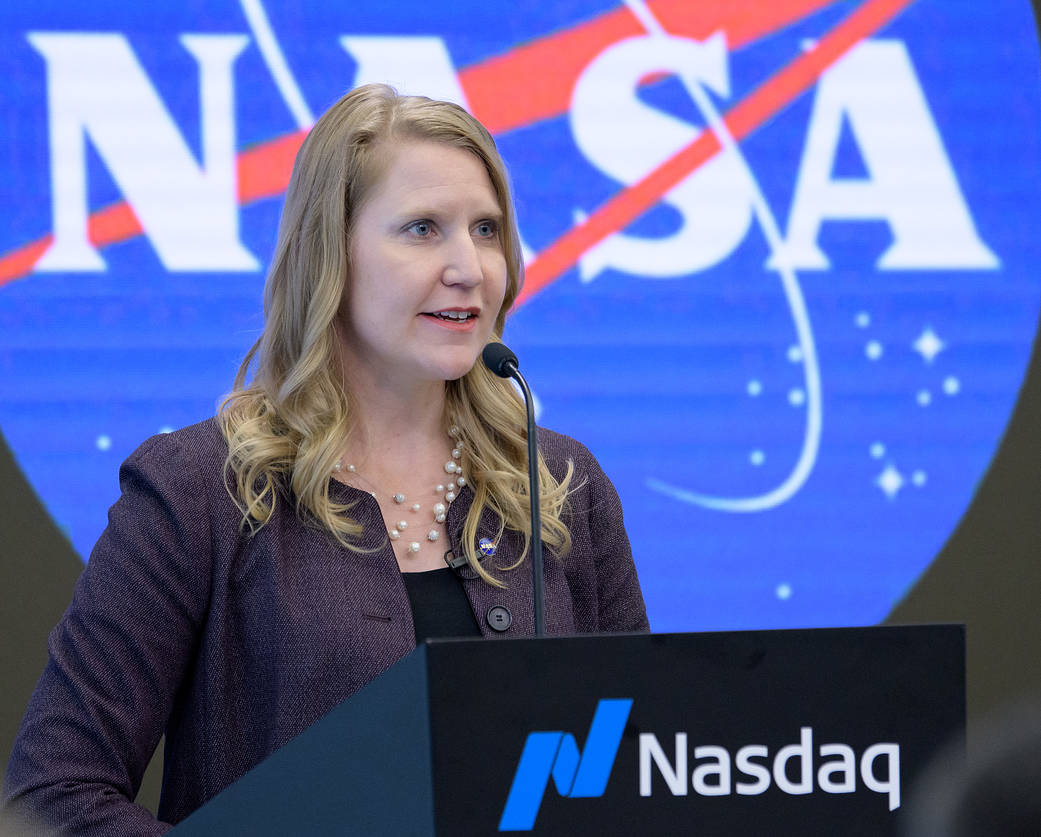 NASA Public Affairs Officer Stephanie Schierholz moderates a briefing where NASA announced the agency’s five-part plan to open t