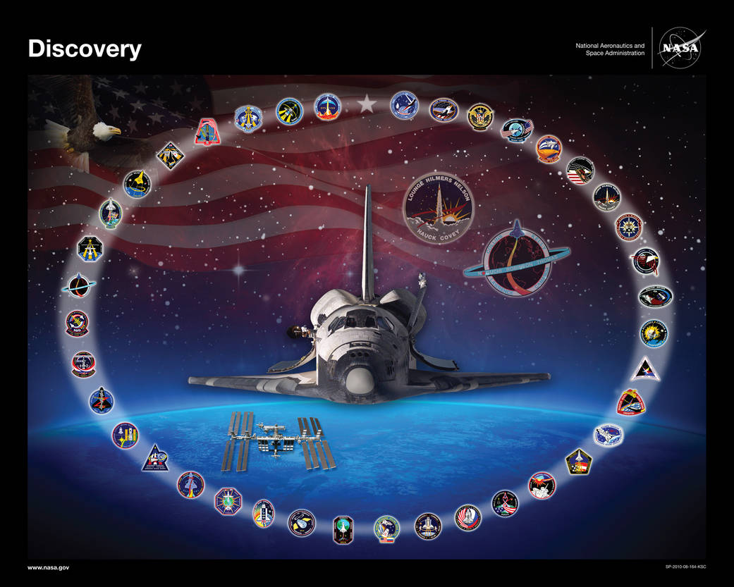 Montage with shuttle Discovery in center surrounded by mission patches with American flag and Earth's horizon in background
