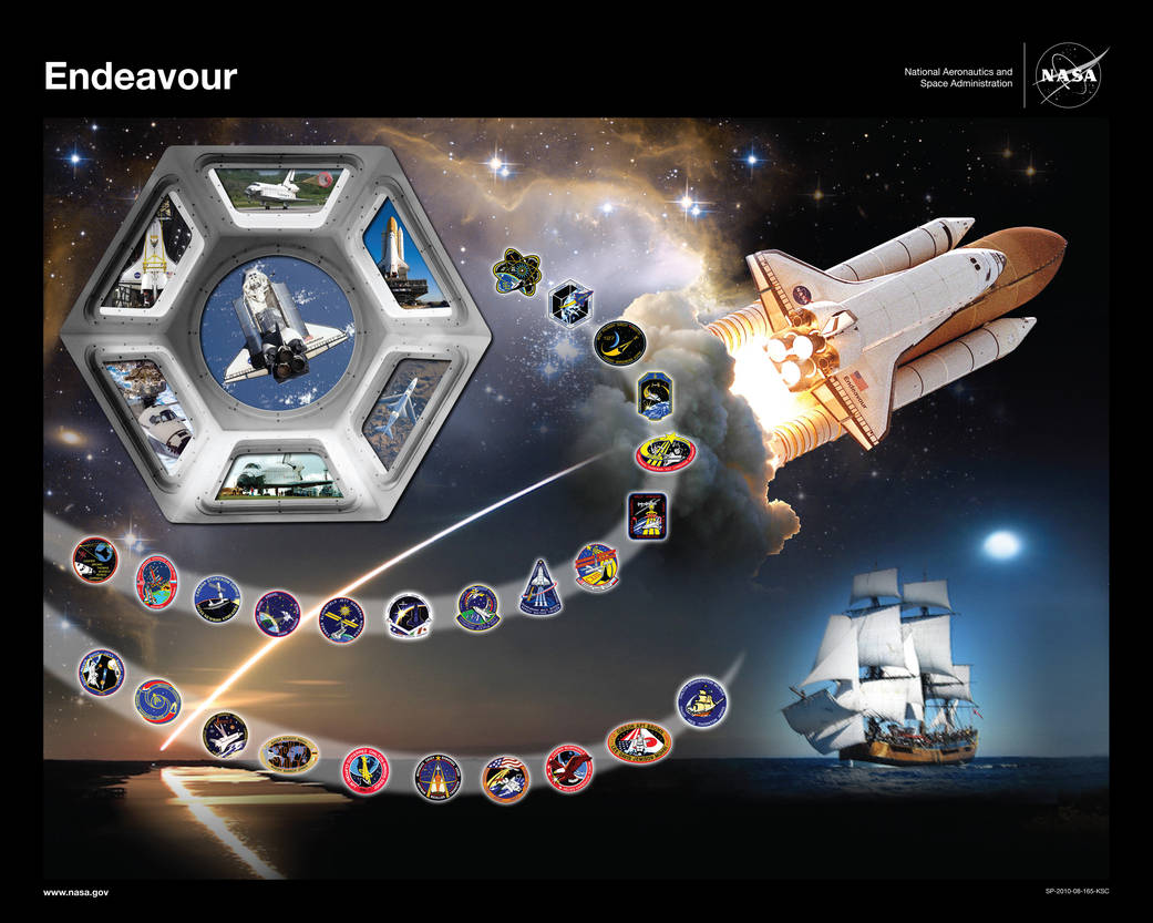Montage image with shuttle Endeavour at right, patches from Endeavour missions and sailing ship