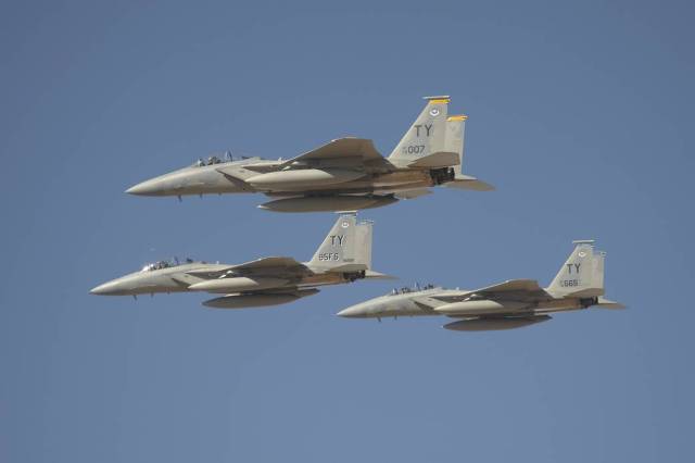 F-15D in Tight Formation over EAFB