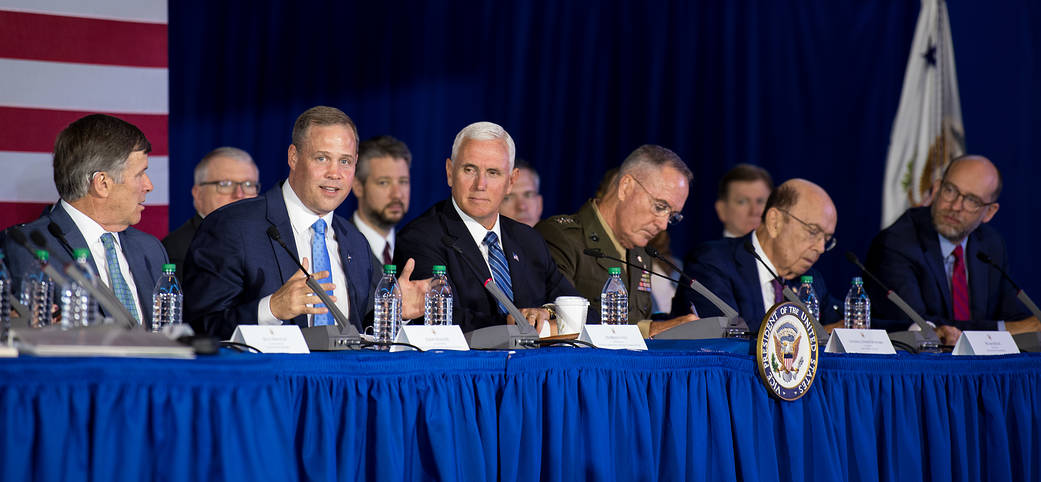 Vice President Pence, NASA Administrator Bridenstine and officials at table during meeting