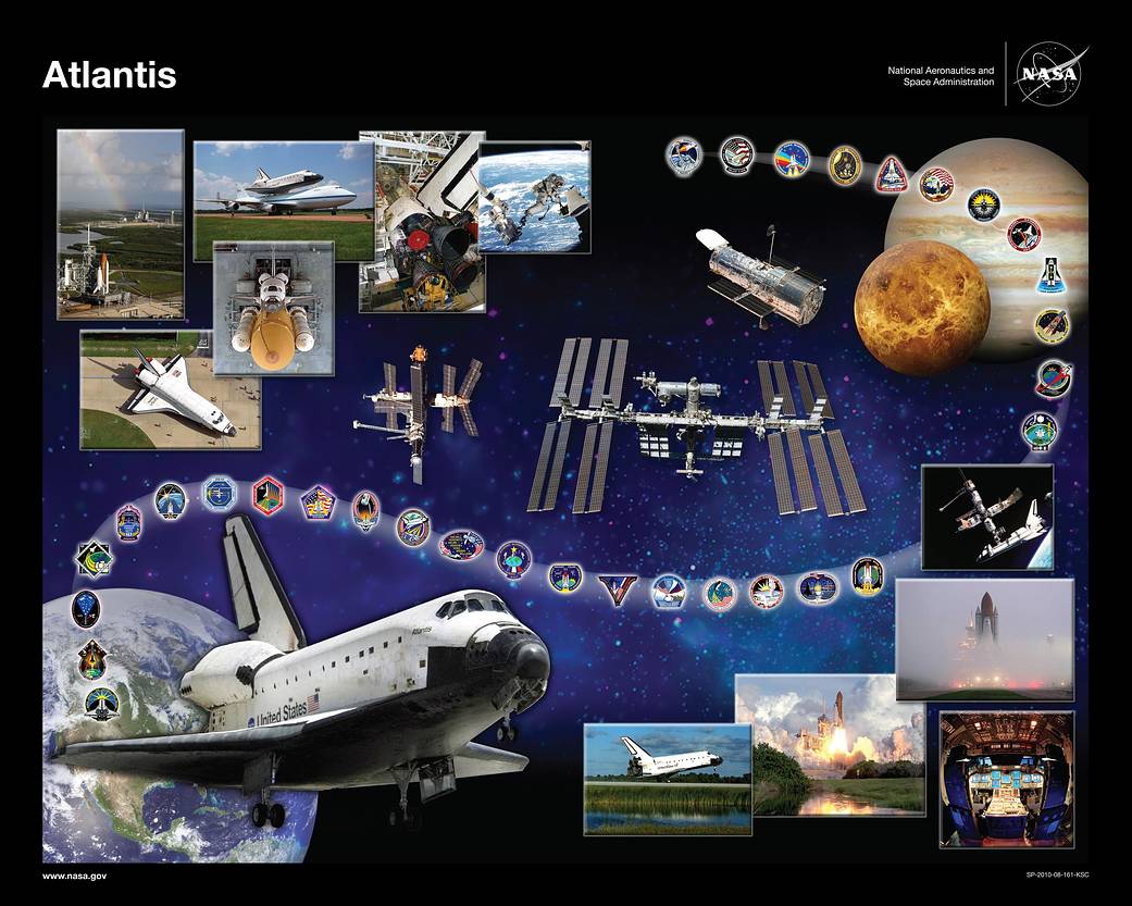 Montage of shuttle Atlantis with mission patches, space station, Hubble telescope and other mission images in background