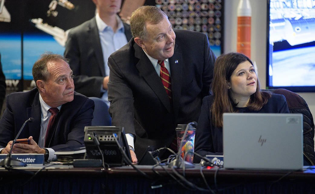 NASA Deputy Administrator Jim Morhard, center, is seen with Rep. Ed Perlmutter, D-Col., left, and Rep. Haley Stevens, D-Mich.,
