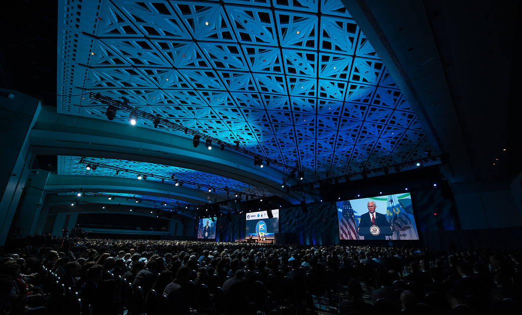 Vice President Mike Pence delivers remarks during the opening ceremony of the 70th International Astronautical Congress