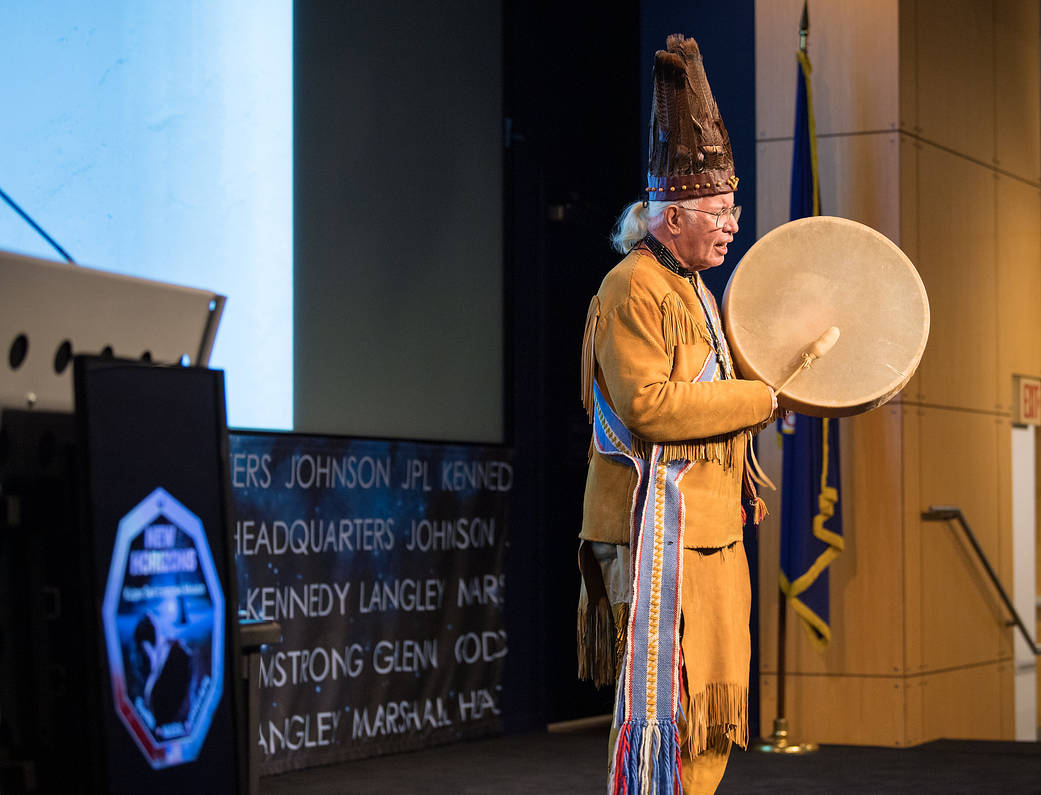 Reverend Nick Miles, Tecumseh Red Cloud, Pamunkey Tribe, performs a traditional Algonquian chant at a naming ceremony for 2014 M