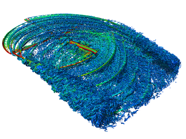 In this image, a CFD simulation of a Black Hawk helicopter rotor in forward flight shows blade vortex interaction and the larges