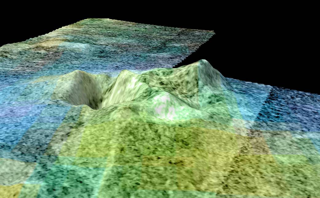 Ricostruzione 3D del criovulcano Sotra Facula sulla superficie di Titano. Credits: NASA.