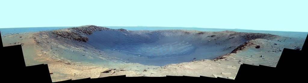 Panorama of ‘Santa Maria’ Crater for Opportunity’s Anniversary (False Color)
