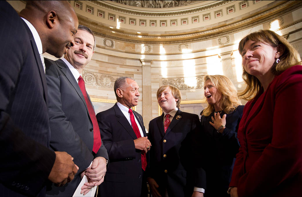 NASA Administrator Charles Bolden, third from left, introduces Edward Moore Kennedy III, fourth from left, to NASA Astronaut Lel