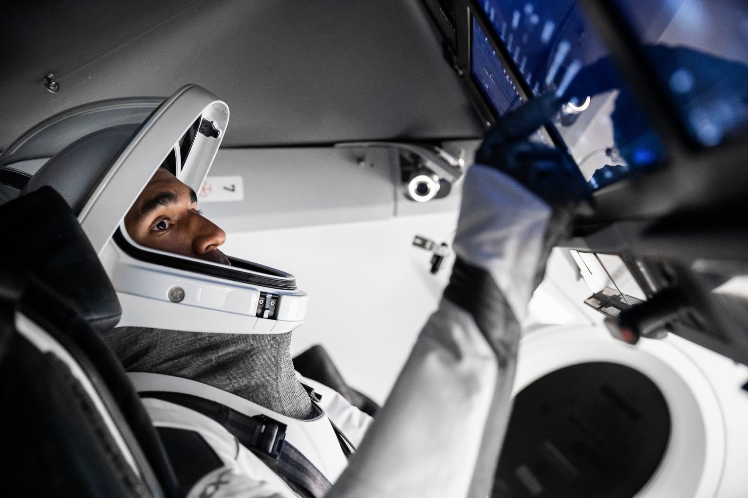 NASA astronaut and SpaceX Crew-3 Commander Raja Chari is pictured in his spacesuit during a training session at SpaceX headquarters in Hawthorns, California.