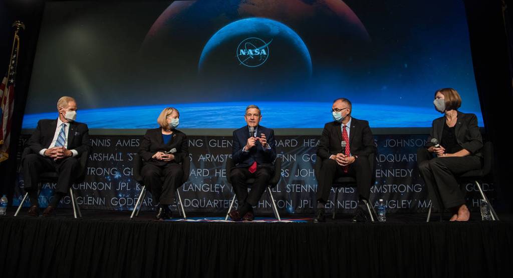 NASA Associate Administrator Bob Cabana speaks on a panel during a NASA town hall to discuss the reorganization of the Human Exploration and Operations Mission Directorate into two mission directorates. 