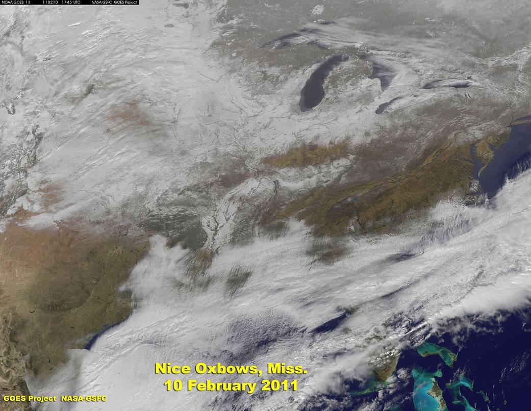 GOES-13 Satellite Captures Record-Setting Arkansas Snow Storm, Shows River Oxbows
