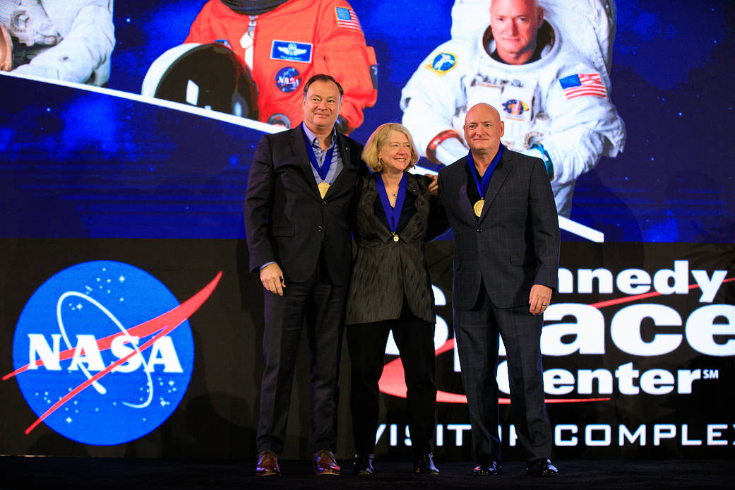 Three veteran astronauts were inducted into the U.S. Astronaut Hall of Fame on Nov. 13, 2021, during a ceremony at the Kennedy Space Center Visitor Complex in Florida. From left are Michael Lopez-Alegria, Pam Melroy, and Scott Kelly.