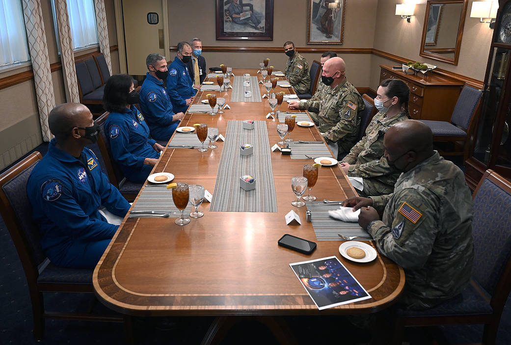 United States Space Force Chief of Space Operations Gen. John W. "Jay" Raymond meets with NASA's SpaceX Crew-1 astronauts at the Pentagon, Arlington, Va. Nov. 16, 2021.