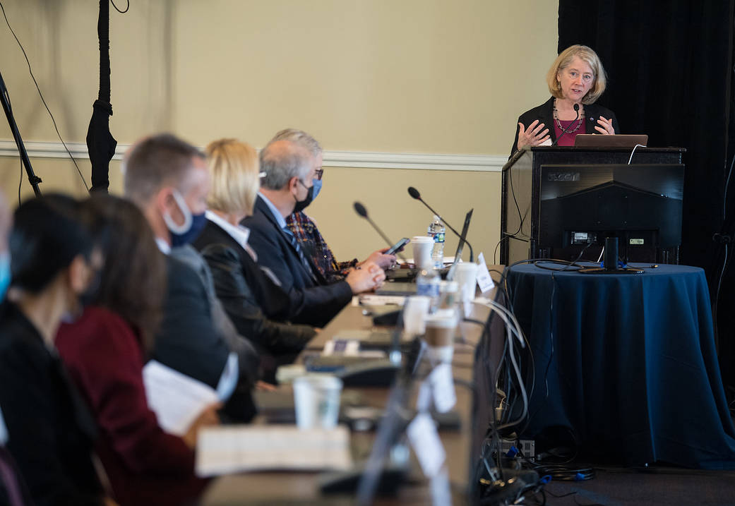 NASA Deputy Administrator Pam Melroy gives opening remarks at the 25th meeting of the Space-Based Positioning, Navigation, and Timing National Advisory Board, Thursday, Dec. 9, 2021, at the Sheraton Pentagon City Hotel in Arlington, Va.