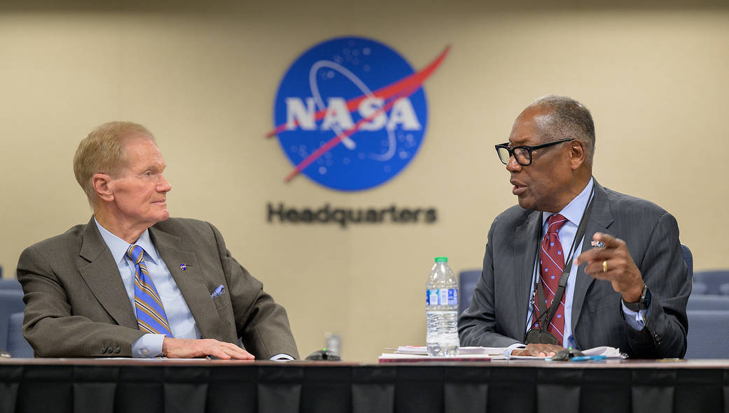 NASA Administrator Bill Nelson, left, and Gen. Lester Lyles, USAF (retired) and chair of the NASA Advisory Council (NAC), talk during an executive session of the NAC, Monday, Feb. 28, 2022, at the Mary W. Jackson NASA Headquarters building in Washington.