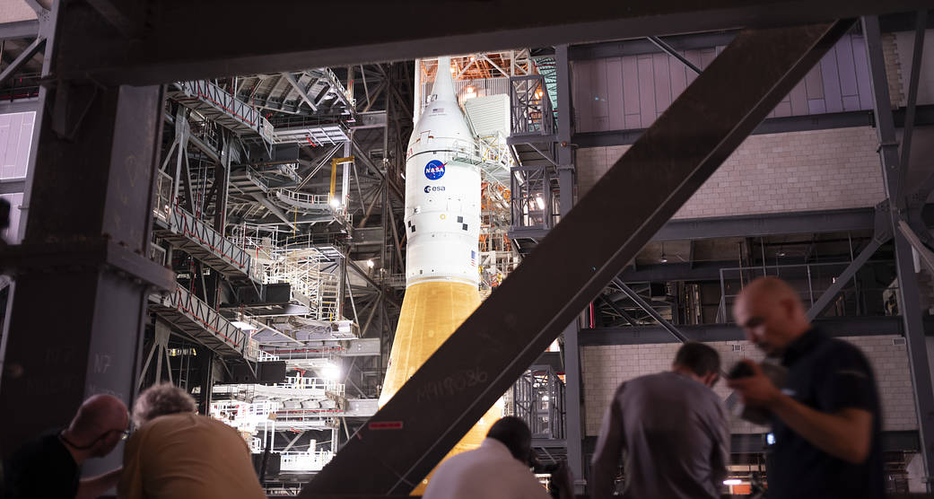 NASA’s Space Launch System (SLS) rocket with the Orion spacecraft aboard is seen atop a mobile launcher in High Bay 3 of the Vehicle Assembly Building