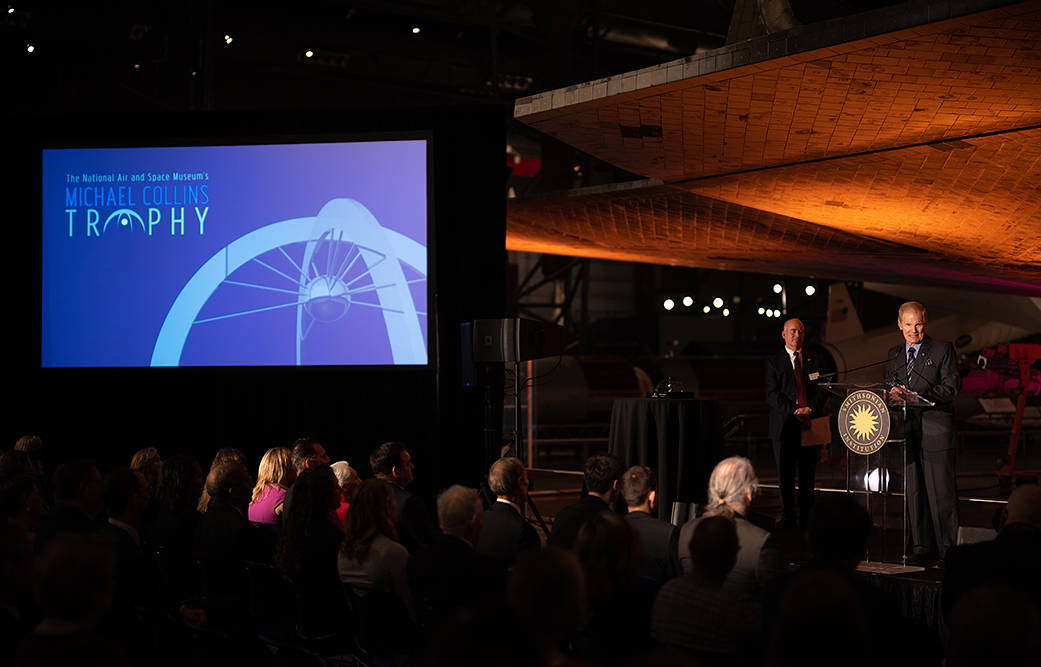 NASA Administrator Bill Nelson speaks at the presentation of the 2022 Michael Collins Trophy, Thursday, March 24, 2022.