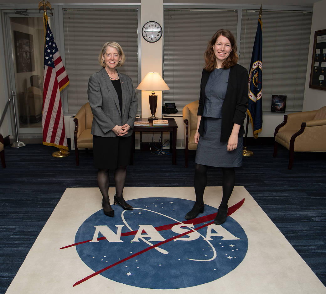 NASA Deputy Administrator, Pam Melroy, left, poses for a photo with the Federal Government Coordinator of German Aerospace Policy, Dr.  Anna Christmann, Thursday, March 31, 2022, at NASA Headquarters in Washington DC. 