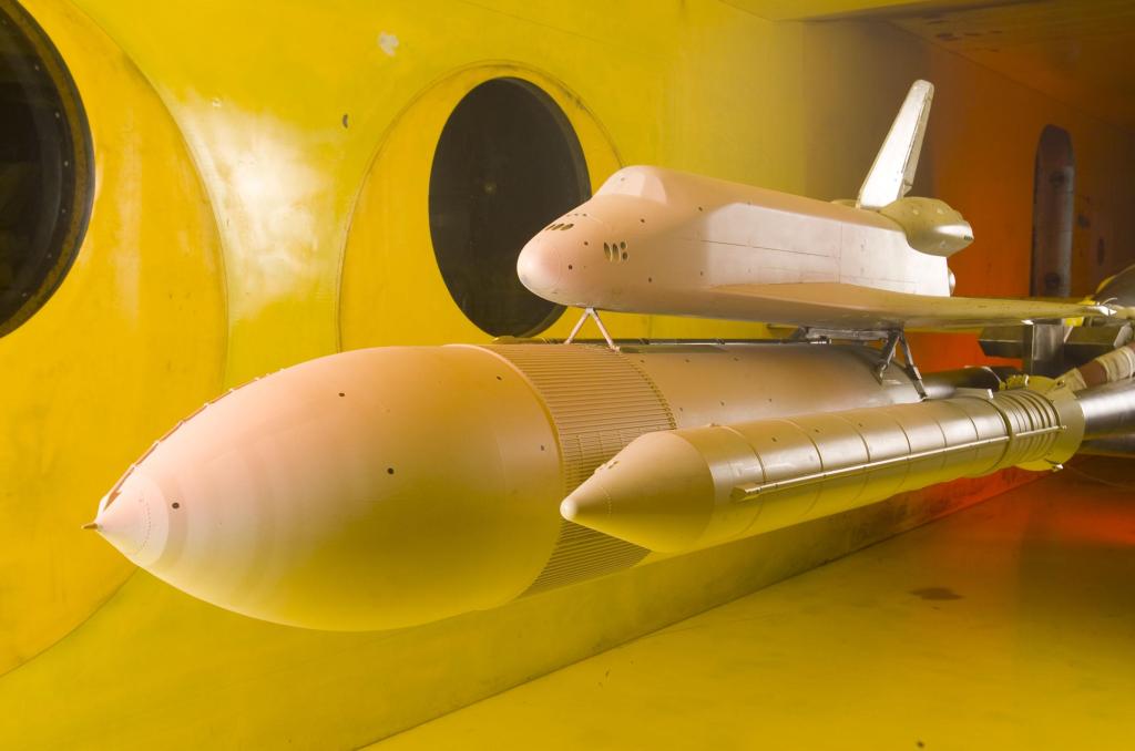 Pictured here is a three percent space shuttle model testing for return to flight in the Ames 9x7 wind tunnel.