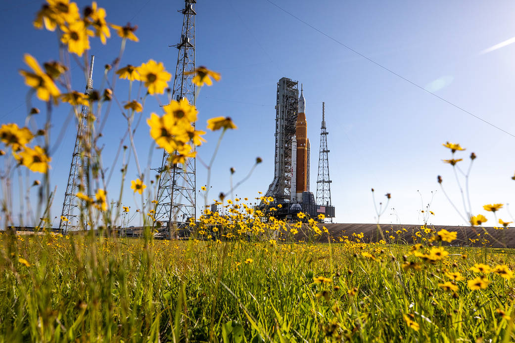 With wildflowers surrounding the view, NASA’s Artemis I Moon rocket – carried atop the crawler-transporter 2 – arrives at Launch Pad 39B at the agency’s Kennedy Space Center in Florida on June 6, 2022.
