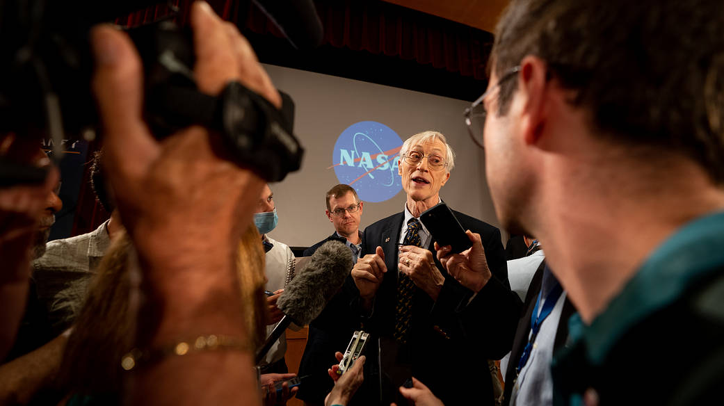 James Webb Space Telescope Senior Project Scientist John Mather speaks with members of the media following the release of the first full-color images from NASA’s James Webb Space Telescope, Tuesday, July 12, 2022.