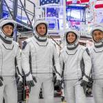 The four members of the SpaceX Crew-5 mission pose for a portrait in their Crew Dragon flight suits at SpaceX headquarters in Hawthorne, California.