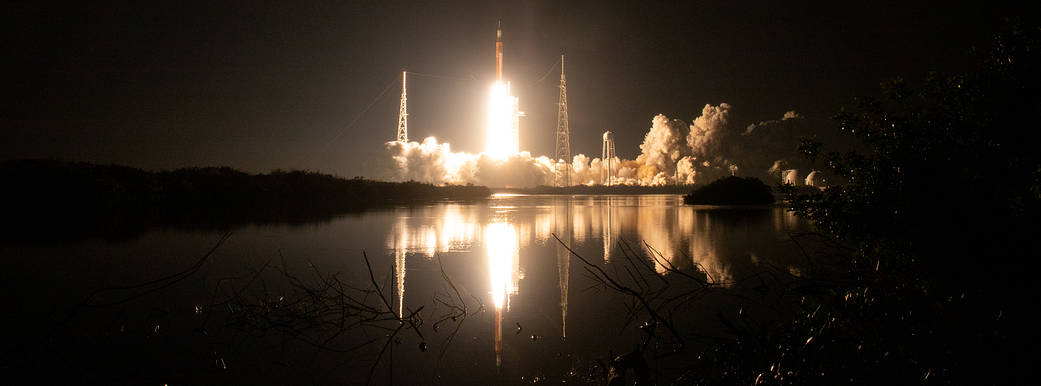 NASA’s Space Launch System rocket carrying the Orion spacecraft launches on the Artemis I flight test, Wednesday, Nov. 16, 2022, from Launch Complex 39B at NASA’s Kennedy Space Center in Florida.