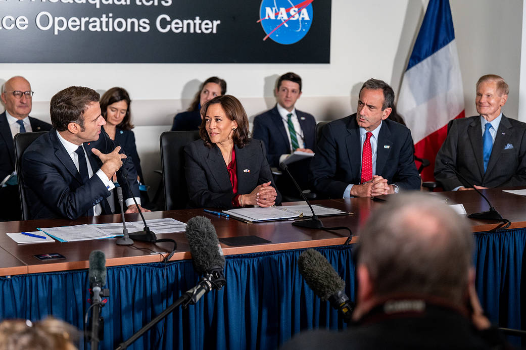 French President Emmanuel Macron delivers remarks prior to meeting with Vice President Kamala Harris and NASA Administrator Bill Nelson at the Mary W. Jackson NASA Headquarters building in Washington.