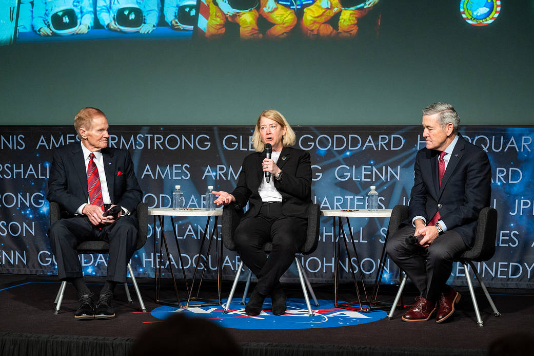 NASA Deputy Administrator Pam Melroy, center, answers a question from staff as NASA Administrator Bill Nelson, left, and NASA Associate Administrator Bob Cabana, right, look on.
