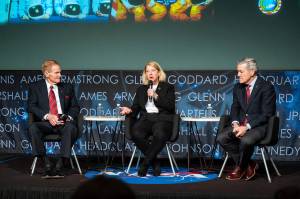 NASA Deputy Administrator Pam Melroy, center, answers a question from staff as NASA Administrator Bill Nelson, left, and NASA Associate Administrator Bob Cabana, right, look on.