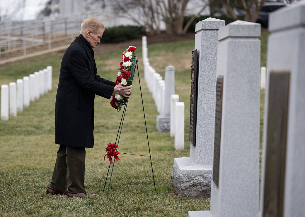 NASA Administrator Bill Nelson lays a wreath at the Space Shuttle Challenger Memorial.