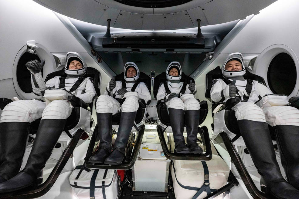 Roscosmos cosmonaut Anna Kikina, left, NASA astronauts Josh Cassada and Nicole Mann, and Japan Aerospace Exploration Agency (JAXA) astronaut Koichi Wakata, right.