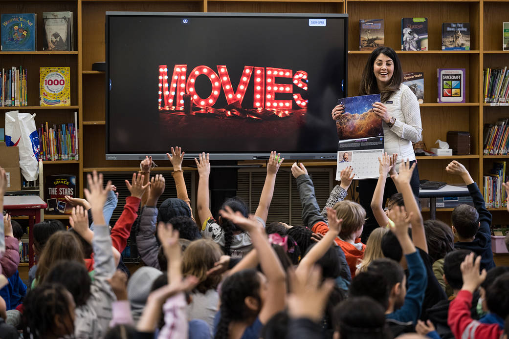 NASA Technical Group Supervisor for Sequence Planning and Execution and Tactical Mission Lead for the Mars Perseverance rover, Diana Trujillo, speaks to students at Rolling Terrace Elementary School, Monday, March 13, 2023, in Takoma Park, Maryland.