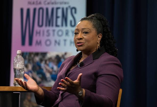 NASA Goddard’s Deputy Director for Technology and Research Investments, Dr. Christyl Johnson, speaks during a panel discussion as part of a Women’s History Month program Wednesday, March 22, 2023, at NASA’s Goddard Space Flight Center.