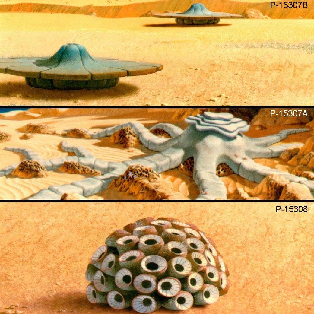 Three hand drawn artist concepts of Mars missions, with saucer-shaped spacecraft and landers
