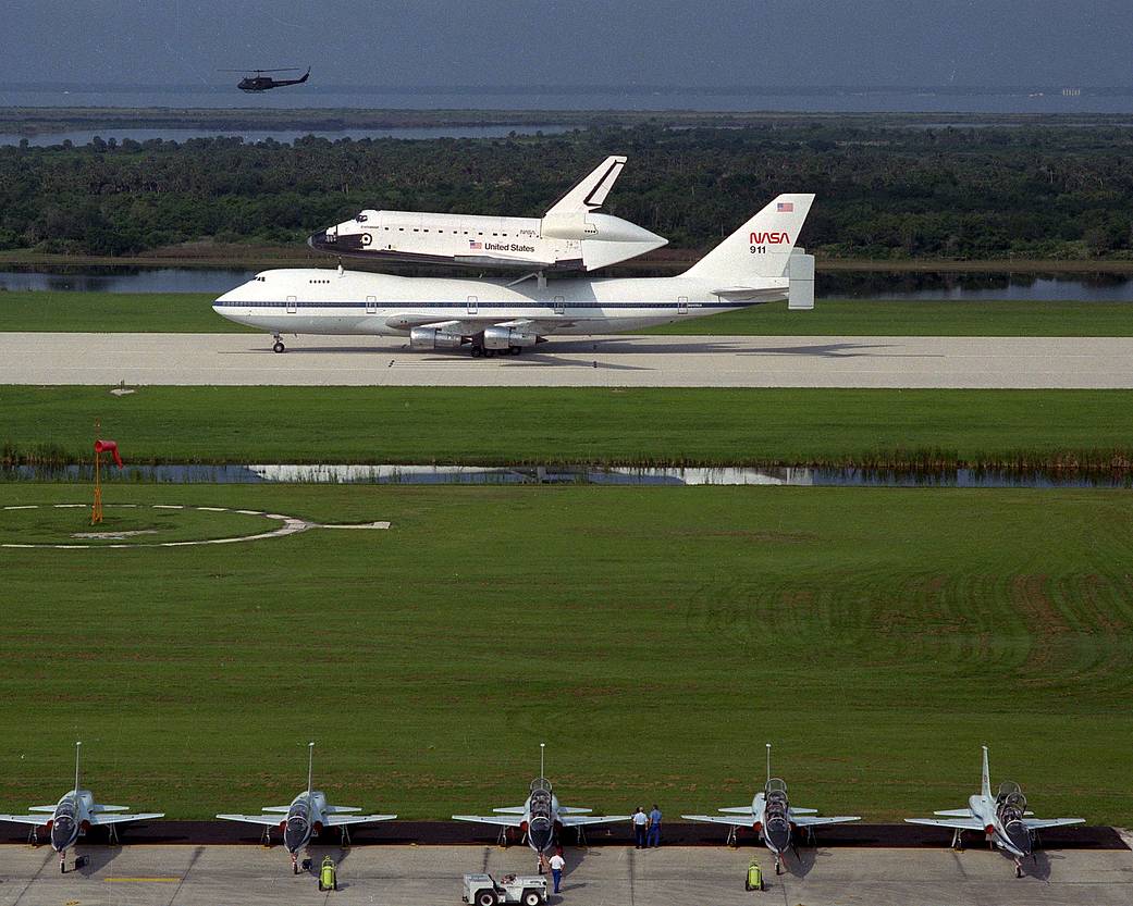 The newest addition to the space shuttle fleet, Endeavour, arrives at NASA's Kennedy Space Center in Florida, atop the 747 Shuttle Carrier Aircraft.