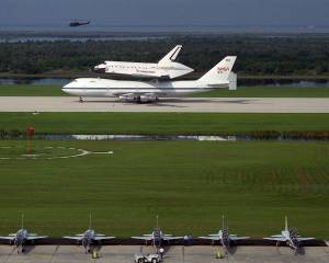 The newest addition to the space shuttle fleet, Endeavour, arrives at NASA's Kennedy Space Center in Florida, atop the 747 Shuttle Carrier Aircraft.