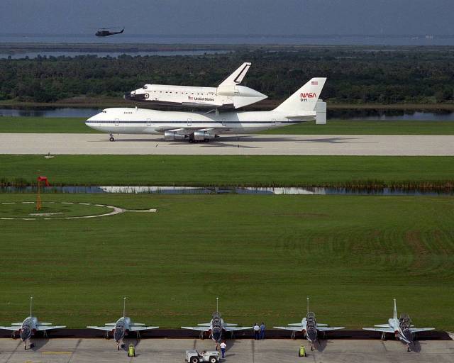 The newest addition to the space shuttle fleet, Endeavour, arrives at NASA's Kennedy Space Center in Florida, atop the 747 Shuttle Carrier Aircraft. 