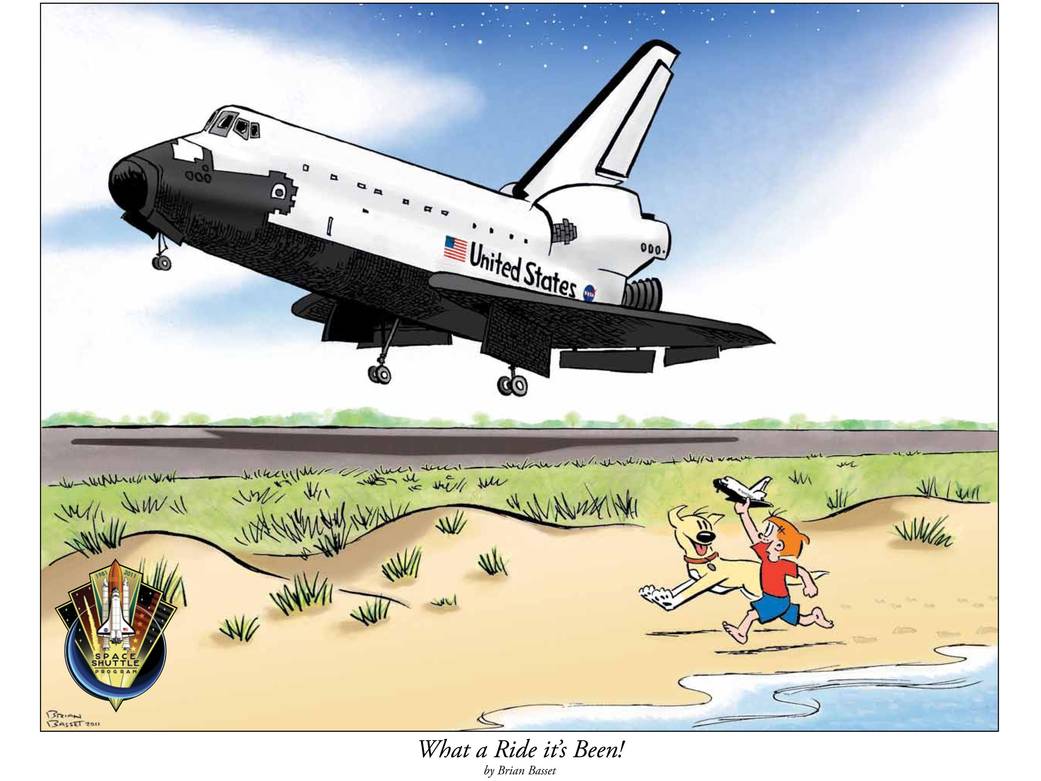 Drawing of space shuttle landing with young boy and dog running alongside, caption "What a Ride It's Been!"