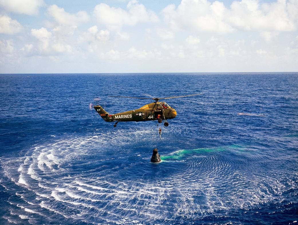 Helicopter recovering Freedom 7 capsule from ocean