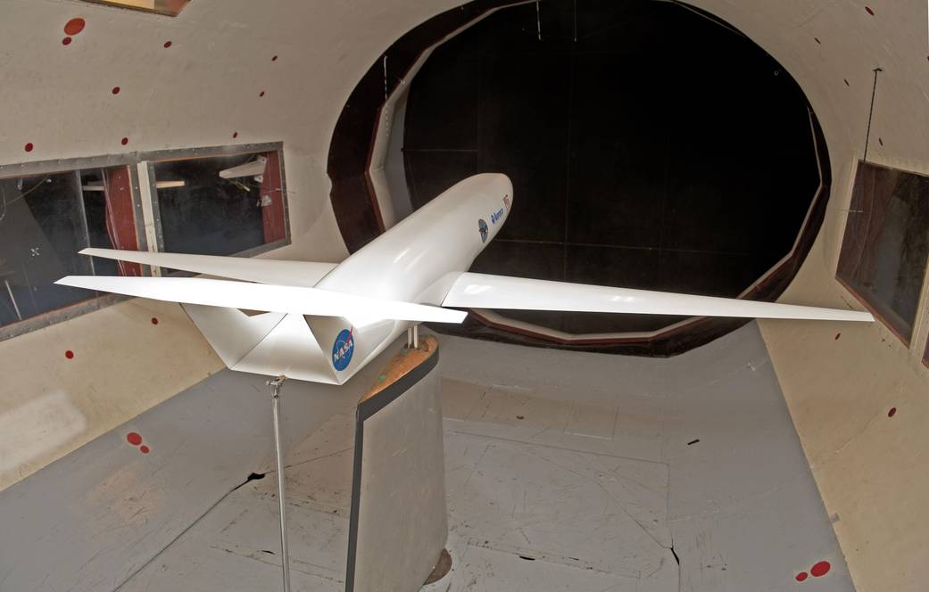 D8, developed by MIT, a future subsonic aircraft concept for NASA, being tested in the MIT wind tunnel.