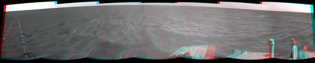 Autonomous Hazard Checks Leave Patterned Rover Tracks on Mars (Stereo)