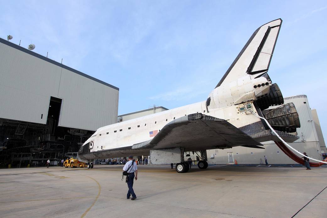 Shuttle Endeavour outside hangar at Kennedy Space Center