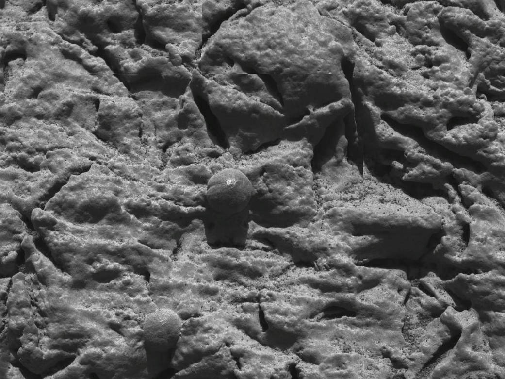 Closeup black and white photo of Mars surface 