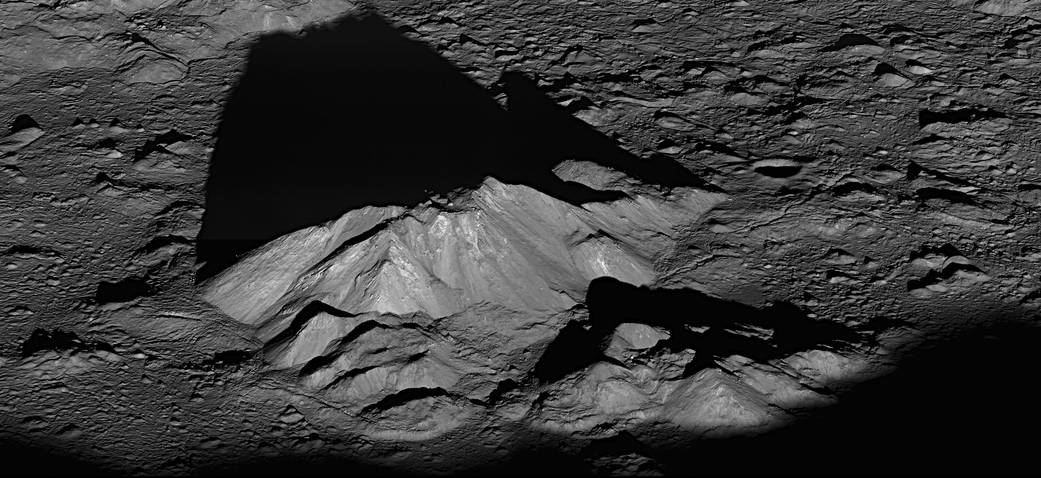 Tycho crater's central peak complex, shown here, is about 9.3 miles (15 km) wide, left to right (southeast to northwest in this