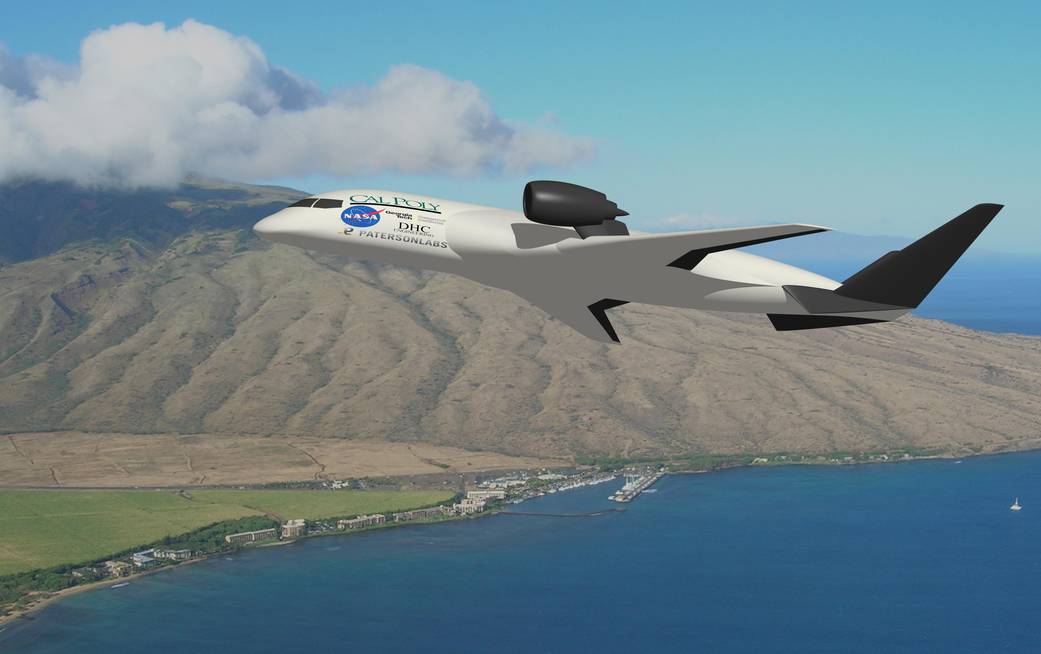 Computer rendering shows AMELIA, a possible future wing body-type subsonic vehicle.