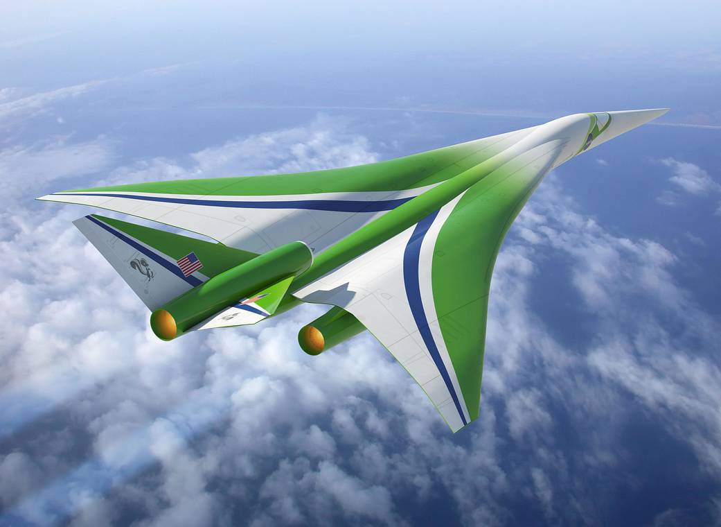 Artist illustration of a concept of a supersonic aircraft with green and blue paint scheme in flight above the clouds.
