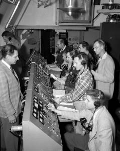 Activities in a blockhouse during the launch of Jupiter-C/Explorer 1 on January 31, 1958.